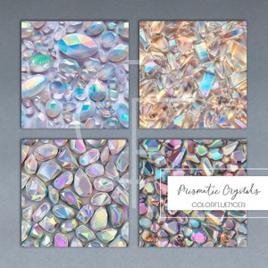 Peut inclure: Quatre motifs de papier num&eacute;rique repr&eacute;sentant des cristaux iris&eacute;s de formes et de tailles vari&eacute;es. Les motifs sont dispos&eacute;s en grille avec le texte "Prismatic Crystals COLORFLUENCER" dans le coin inf&eacute;rieur droit.