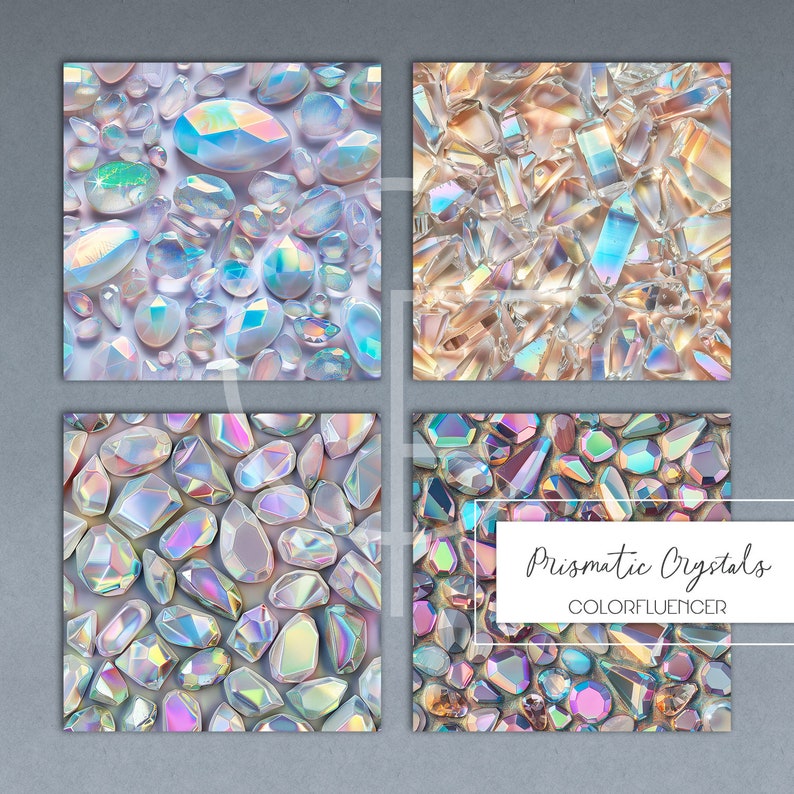 Peut inclure: Quatre motifs de papier num&eacute;rique repr&eacute;sentant des cristaux iris&eacute;s de formes et de tailles vari&eacute;es. Les motifs sont dispos&eacute;s en grille avec le texte "Prismatic Crystals COLORFLUENCER" dans le coin inf&eacute;rieur droit.
