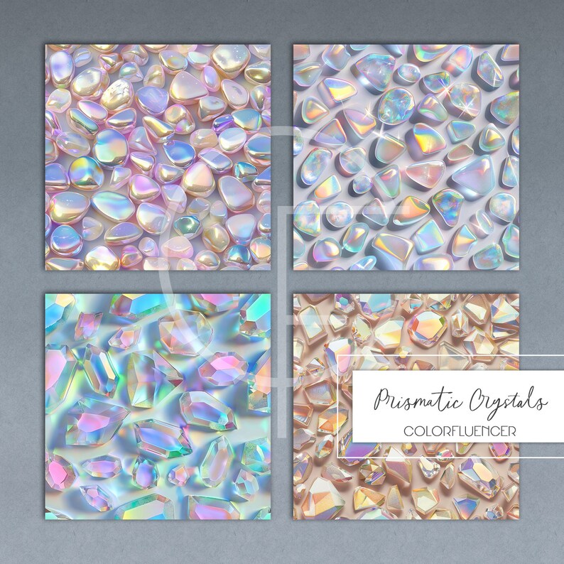Peut inclure: Quatre motifs de papier num&eacute;rique repr&eacute;sentant des cristaux iris&eacute;s de formes et de tailles vari&eacute;es. Les motifs sont dispos&eacute;s en grille avec le texte "Prismatic Crystals COLORFLUENCER" dans le coin inf&eacute;rieur droit.