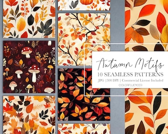 Könnte beinhalten: Zehn digitale nahtlose Muster mit Herbstmotiven im Aquarell-Stil. Die Muster beinhalten Blätter, Äste, Pilze und Kürbisse in Orange-, Rot-, Gelb-, Braun- und Grüntönen.