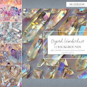 Puede incluir: Un patrón sin costuras de fragmentos de cristal iridiscente en tonos de rosa, azul y dorado. Los cristales están dispuestos en un patrón aleatorio sobre un fondo gris claro. El texto "Crystal Wanderlust 12 BACKGROUNDS JPG | 300 DPI | Commercial License Included COLORFLUENCER" está en el centro de la imagen.