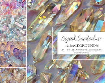 Papel digital de cristal / Cristales iridiscentes y patrón sin costuras de cuarzo / Imprima como carteles, use como fondos digitales, sublimación y más