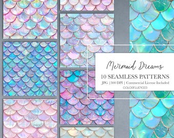 Escamas de sirena / Imágenes de fondo / Papel digital / Diseño de sublimación / Patrón sin costuras / Brillante, iridiscente, escamas de pez, purpurina