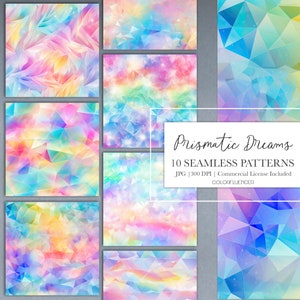 Wzory tęczy bez szwu | Tła | Prismatic Dreams | Papier cyfrowy | Wzory sublimacji | Tęczowe, pryzmatyczne, pastelowe kolory