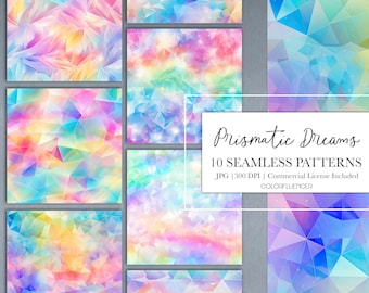 Patrones sin costuras arcoíris / Fondos / Sueños prismáticos / Papel digital / Diseños de sublimación / Iridiscentes, Prismas, Colores Pastel