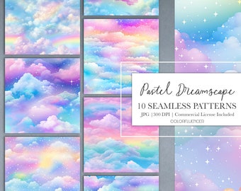 Clouds Seamless Patterns | Sky Clouds Backgrounds, Rainbow Colors | Pastel Dreamscapes | Digital Paper | Sky, Rainbows, Pastel