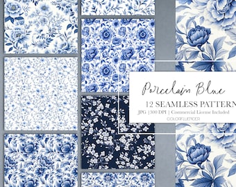Seamless Patterns | Porcelain Blue | Digital Papers | Seamless Pattern | Sublimation Designs | Toile, Floral, Blue Porcelain, Elegant