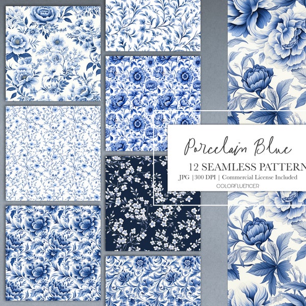 Seamless Patterns | Porcelain Blue | Digital Papers | Seamless Pattern | Sublimation Designs | Toile, Floral, Blue Porcelain, Elegant