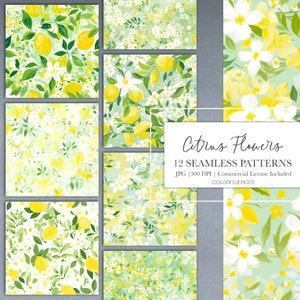 Modèles sans couture floraux de citron | Fleurs d’agrumes aquarelles | Documents numériques | Conceptions de sublimation | Imprimés citron, printemps, été
