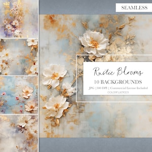 Rustykalne kwiaty | Rustykalne tła kwiatowe | Papiery cyfrowe | Bezszwowy wzór | Wzory sublimacji | Malowane, artystyczne, folia złota, eleganckie