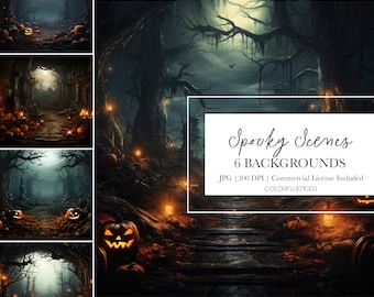Halloween Backgrounds | Spooky Scenes | Digital Papers | Halloween backdrop, spooky, haunted forest, haunted house, jack-o-lanterns