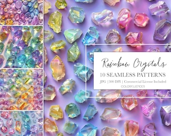 Patrones sin costuras de piedras preciosas / Cristales arcoíris / Papel digital / Uso para proyectos de sublimación, impresiones, fondos, manualidades y más