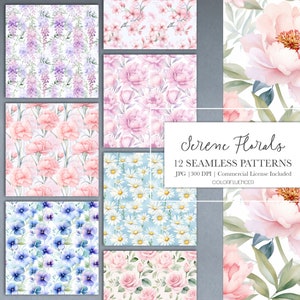 Aquarell Florale nahtlose Muster | Serene Blumen | Digitale Papiere | Sublimationsentwürfe | Blumen, Zart, Hell, Pastellfarben