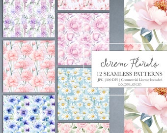 Watercolor Floral Seamless Patterns | Serene Florals | Digital Papers | Sublimation Designs | Flowers, Delicate, Light, Pastel Colors