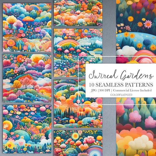 Forest Seamless Patterns | Surreal Gardens | Digital Paper | Sublimation Designs | Boho, Rainbow, Abstract, Colorful, Floral, Background