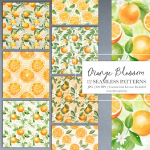 May include: Twelve seamless digital patterns featuring watercolor illustrations of orange blossoms and orange slices. The patterns are in shades of green, white, and orange on a light yellow background. The text "Orange Blossom 12 Seamless Patterns JPG | 300 DPI | Commercial License Included COLORFLUENCER" is at the bottom of the image.