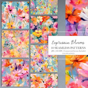 Patrones Florales Sin Costuras / Flores Expresivas / Papeles Digitales / Diseños de Sublimación / Patrones Florales Digitales