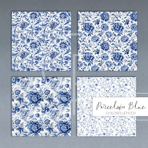 May include: Four digital paper patterns featuring blue and white floral designs. The patterns are arranged in a grid with the text "Porcelain Blue COLORFLUENCER" at the bottom right.