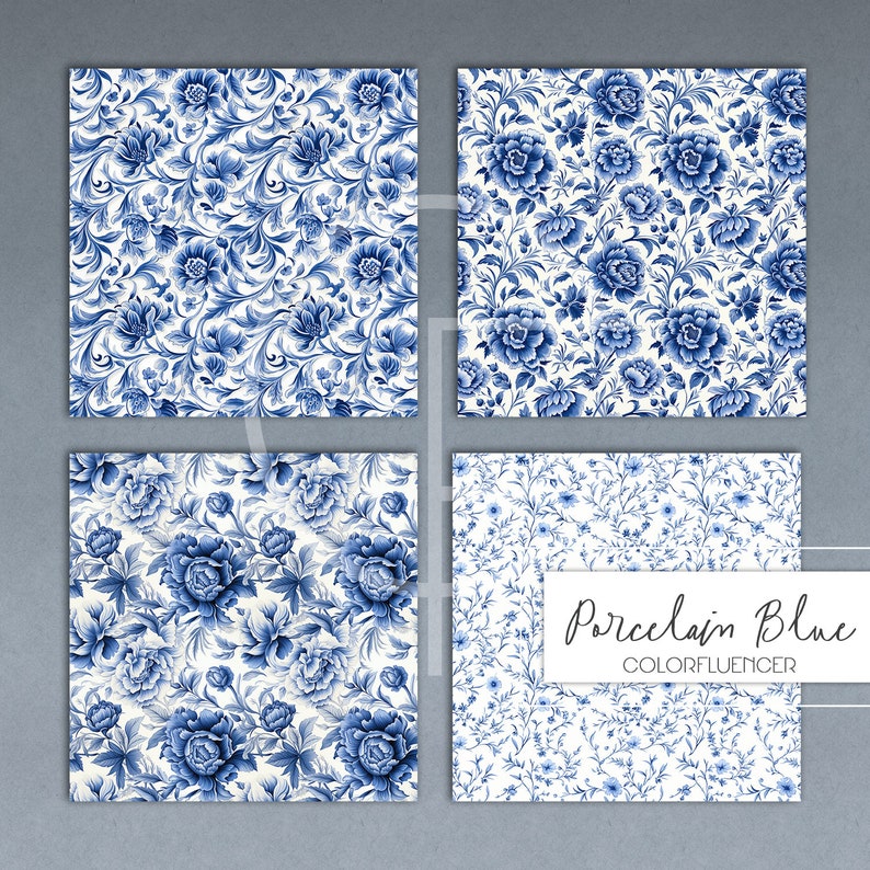 May include: Four digital paper patterns featuring blue and white floral designs. The patterns are arranged in a grid with the text "Porcelain Blue COLORFLUENCER" at the bottom right.