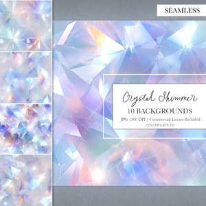 Pode incluir: Um conjunto de 10 fundos de papel digital sem costura com padrões de cristal iridescentes em tons de azul, rosa e branco. O texto "Crystal Shimmer 10 BACKGROUNDS JPG | 300 DPI | Commercial License Included COLORFLUENCER" é exibido na imagem.