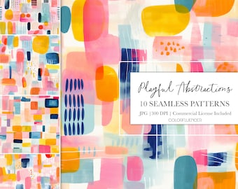Patrones abstractos sin costuras / Abstracciones juguetonas / Papel digital / Pintura, Colores modernos y felices, Diseños de sublimación / Arte imprimible