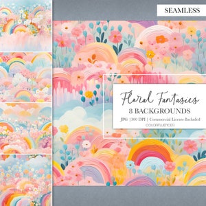 May include: Seamless digital backgrounds in a watercolour style. The backgrounds feature rainbows, flowers, and clouds in pastel colours. The text reads "Floral Fantasies" and "8 Backgrounds". The image is a JPG file with 300 DPI and a commercial license.