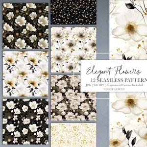 Florale nahtlose Muster | Elegante Blumen | Digitale Papiere | Nahtloses Muster | Sublimationsdesigns | Florales Muster, Schwarz, Gold und Weiß
