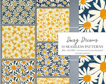 Floral Seamless Patterns | Daisy Whimsy | Digital Papers | Sublimation Designs | Spring, Summer, Daisy Flowers, Blue,  Yellow and White