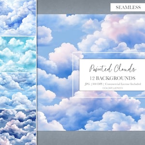 Clouds Background | Painted Clouds  | Watercolor Seamless Patterns | Blue Sky and Clouds Background | Digital Paper