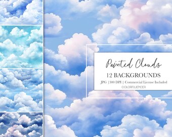 Fondo de nubes / Nubes pintadas / Patrones sin costuras de acuarela / Fondo de cielo azul y nubes / Papel digital
