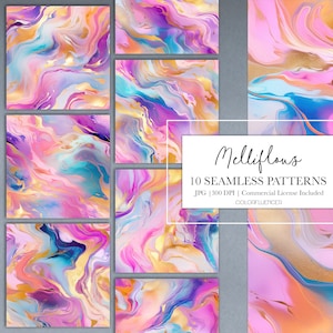 Puede incluir: Diez patrones digitales sin costuras que presentan remolinos abstractos de rosa, azul, morado y dorado. Los patrones son perfectos para crear fondos, álbumes de recortes y otros proyectos de manualidades.  Melliflous 10 Seamless Patterns JPG | 300 DPI | Commercial License Included COLORFLUENCER