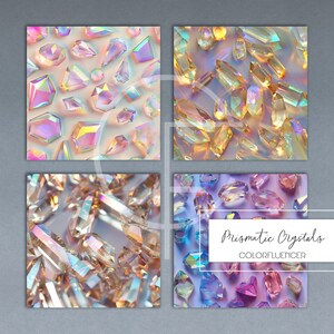 Peut inclure: Quatre images carr&eacute;es de cristaux iris&eacute;s dans diff&eacute;rentes couleurs et arrangements. L'image en bas &agrave; droite a le texte "Prismatic Crystals COLORFLUENCER" sur un rectangle blanc.
