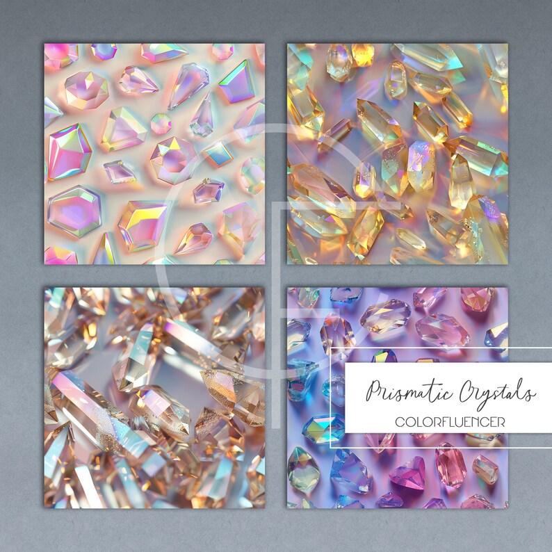 Peut inclure: Quatre images carr&eacute;es de cristaux iris&eacute;s dans diff&eacute;rentes couleurs et arrangements. L'image en bas &agrave; droite a le texte "Prismatic Crystals COLORFLUENCER" sur un rectangle blanc.