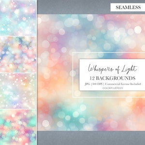 以下が含まれることがあります： パステルカラーのソフトでぼかしたボケ効果を特徴とする、シームレスなデジタル背景のセット12点。夢のように幻想的な雰囲気をデザインに与えるのに最適です。  "Whispers of Light" 12 Backgrounds JPG | 300 DPI | Commercial License Included COLORFLUENCER