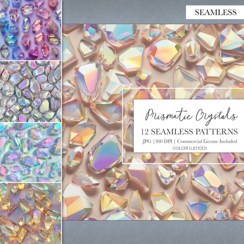 Peut inclure: 12 motifs sans couture de cristaux iris&eacute;s de formes et de tailles vari&eacute;es. Les cristaux sont sur un fond rose clair. Le texte "Prismatic Crystals" et "12 Seamless Patterns" est dans l'image. JPG | 300 DPI | Licence commerciale incluse | COLORFLUENCER