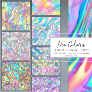 Holographic Seamless Patterns | Neo Colors | Digital Papers | Iridescent backgrounds | Modern, futuristic, abstrac, colorful, rainbow