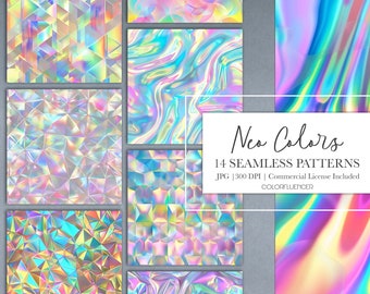 Patrones holográficos sin costuras / Neo colores / Papeles digitales / Fondos iridiscentes / Moderno, futurista, abstracto, colorido, arcoíris