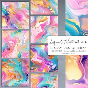 Abstract Seamless Patterns | Liquid Abstractions | Digital Paper | Sublimation Designs | Liquid Paint, Marbling, Elegant, Abstract