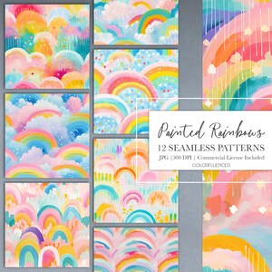 Könnte beinhalten: Zwölf nahtlose digitale Papiermuster mit bunten, gemalten Regenbögen, Wolken und Sternen. Die Muster sind perfekt für Scrapbooking, Kartenherstellung und andere Bastelprojekte.