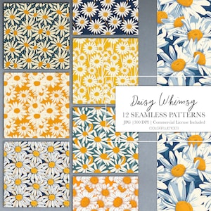 Puede incluir: Doce patrones sin costuras con margaritas blancas con centros amarillos sobre una variedad de fondos, incluyendo amarillo, azul y verde. Los patrones están etiquetados "Daisy Whimsy 12 Seamless Patterns JPG | 300 DPI | Commercial License Included COLORFLUENCER".