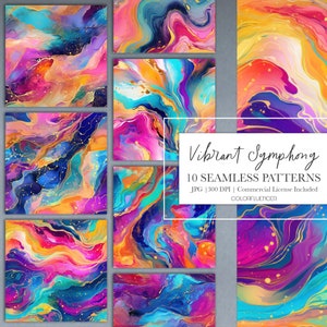 May include: Ten seamless digital paper patterns featuring vibrant abstract swirls of pink, blue, yellow, orange, and purple with gold accents. The patterns are perfect for creating backgrounds, scrapbooking, and other creative projects.