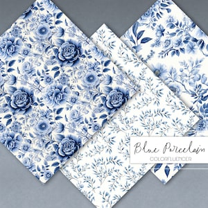 May include: Three digital paper patterns featuring a blue and white floral design. The patterns include a large floral design, a smaller floral design, and a design with blue branches. The text "Blue Porcelain" and "COLORFLUENCER" is visible in the bottom right corner.