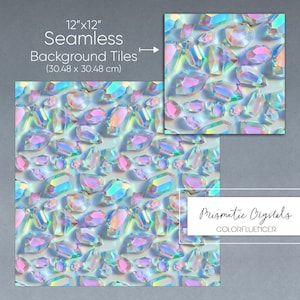 Peut inclure: Motif de carrelage de fond sans couture de 30,48 cm x 30,48 cm avec des cristaux iris&eacute;s sur un fond bleu clair. Le texte "Prismatic Crystals COLORFLUENCER" est en bas de l'image.