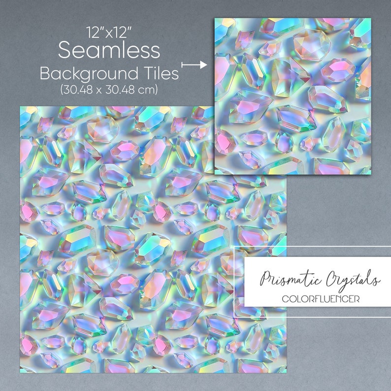 Peut inclure: Motif de carrelage de fond sans couture de 30,48 cm x 30,48 cm avec des cristaux iris&eacute;s sur un fond bleu clair. Le texte "Prismatic Crystals COLORFLUENCER" est en bas de l'image.