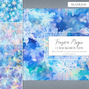 Könnte beinhalten: Ein Set mit 12 digitalen nahtlosen Mustern mit blauen, weißen und rosa Aquarell-Schneeflocken auf blauem Hintergrund. Die Muster sind 300 DPI und werden mit einer kommerziellen Lizenz geliefert. Frozen Magic 12 Backgrounds JPG | 300 DPI | Kommerzielle Lizenz inklusive COLORFLUENCER