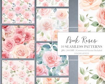 Puede incluir: Diez patrones sin costuras con rosas rosas en acuarela. Los diseños muestran varios arreglos de las flores, con tonos rosas y melocotón suaves y hojas verdes. El texto "Pink Roses" se muestra en un rectángulo blanco.