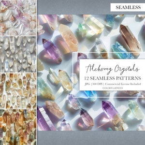 Puede incluir: Doce patrones sin costuras con formas de cristales coloridos sobre un fondo blanco. Los patrones están etiquetados como "Alchemy Crystals 12 Seamless Patterns JPG | 300 DPI | Commercial License Included COLORFLUENCER".