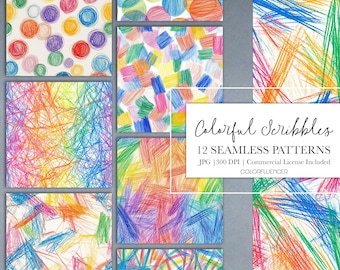 Papel digital con garabatos coloridos: 12 patrones sin costuras (JPG)