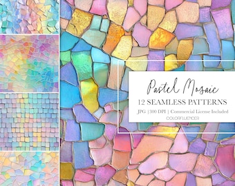 Patrones de mosaico / Mosaico pastel / Patrones sin costuras / Papeles digitales / Diseños de sublimación / Colores del arco iris, coloridos, modernos