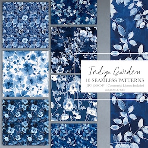 Op de afbeelding: Tien naadloze patronen in blauwtinten met aquarel illustraties van bloemen en bladeren. De patronen zijn getiteld "Indigo Garden".
